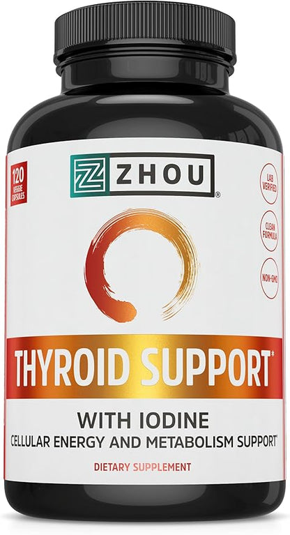 Zhou Thyroid Support Complex with Iodine Supplement, Increase Energy, Fight Brain Fog with Vitamin B12, Iodine, Magnesium, Zinc, Selenium, No Soy, Gluten-Free, 60 Servings, 120 Caps
