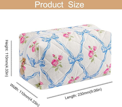 Quilted Cotton Makeup Bag Travel Cosmetic Bag for Women Girls, Zipper Make Up Pouch, Bow Pattern Toiletry Organizer Makeup, Portable Storage Bag (Blue Bowknot)