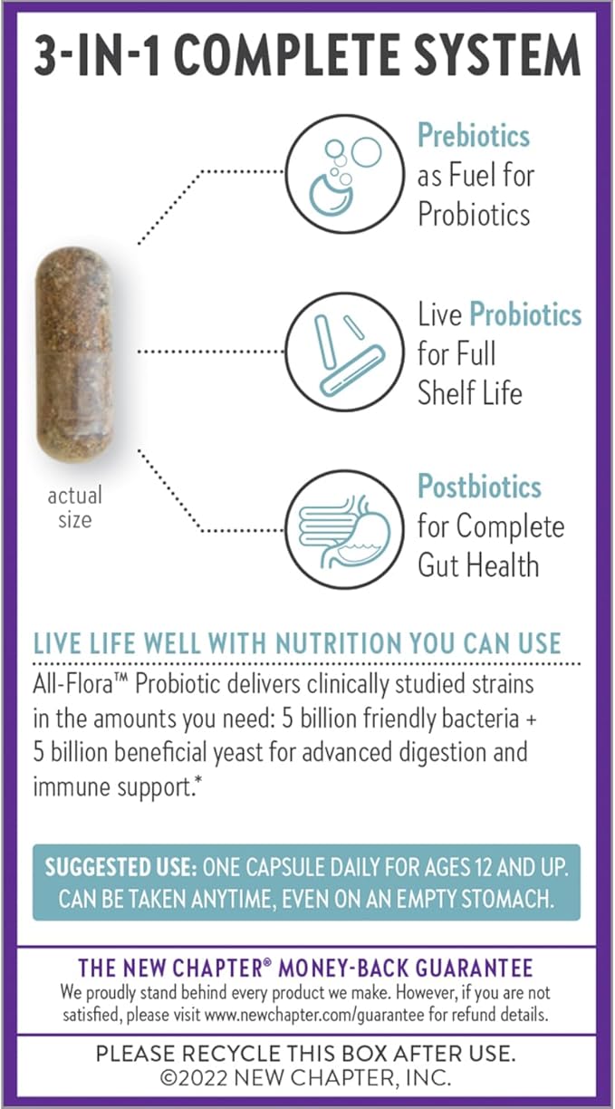 New Chapter Probiotic All-Flora - 30 ct (1 Month Supply) for Advanced Digestion & Complete Gut Health with Prebiotics + Postbiotics, Clinically Studied Strains, 100% Vegan, Non-GMO, Shelf Stable