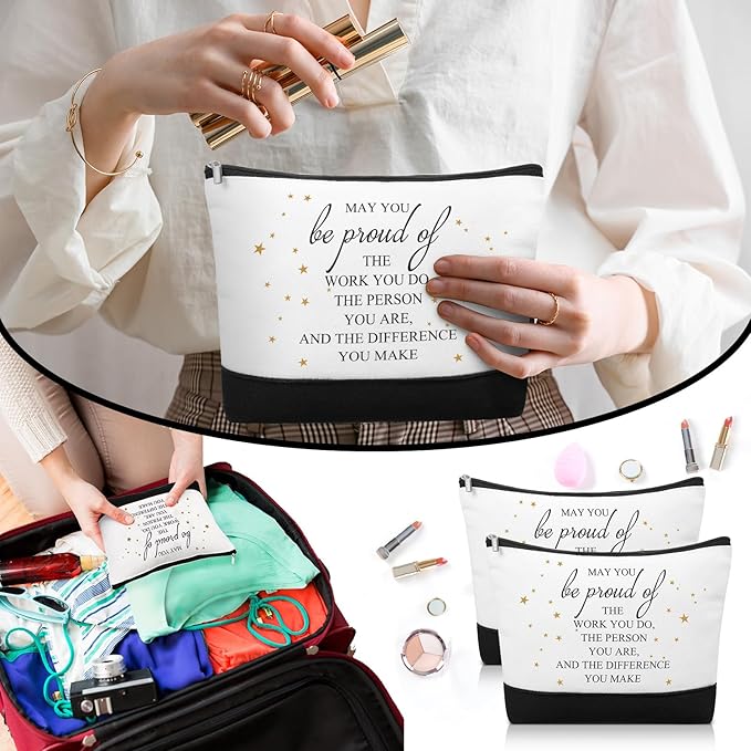 Sanwuta 80 Pcs Inspirational Canvas Makeup Bags Keychains Set Graduation Gifts Teacher Appreciation Gifts Bulk for Employees Women (Be Proud Sign)