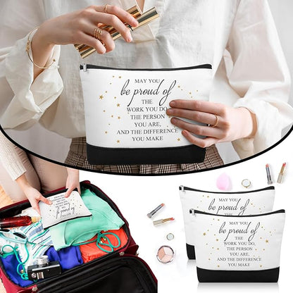 Sanwuta 80 Pcs Inspirational Canvas Makeup Bags Keychains Set Graduation Gifts Teacher Appreciation Gifts Bulk for Employees Women (Be Proud Sign)