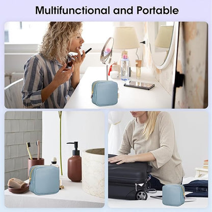 Wandering Nature Small Makeup Bag for Purse Mini Make up Pouch Cute Cosmetic Pouch for Women with Slip-in Pockets Matte Leather, Blue