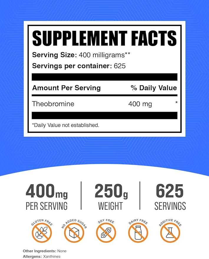 BulkSupplements.com Theobromine Powder - Theobromine Supplement, Nootropic Supplement - Energy Support, Gluten Free, 400mg per Serving, 625 Servings, 250g (8.8 oz) (Pack of 1)