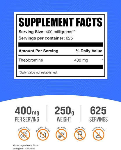 BulkSupplements.com Theobromine Powder - Theobromine Supplement, Nootropic Supplement - Energy Support, Gluten Free, 400mg per Serving, 625 Servings, 250g (8.8 oz) (Pack of 1)
