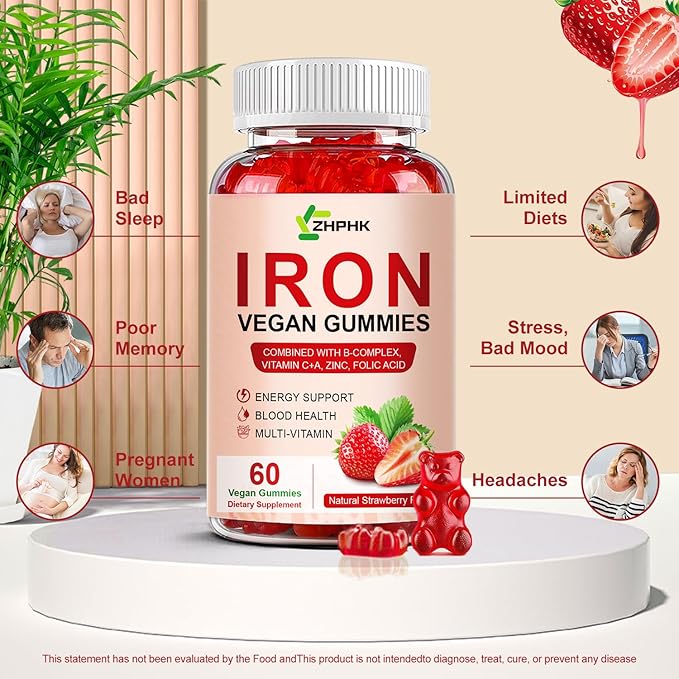 Iron Supplement Gummies, 65mg Iron and 250mg Vitamin C for Women Men Kids, Natural Vegan Iron Gummy with Vitamin A, B-Complex, Biotin, Zinc & Folate -Blood Builder & Energy Support, 60 Gummies