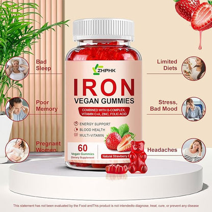 Iron Supplement Gummies, 65mg Iron and 250mg Vitamin C for Women Men Kids, Natural Vegan Iron Gummy with Vitamin A, B-Complex, Biotin, Zinc & Folate -Blood Builder & Energy Support, 60 Gummies