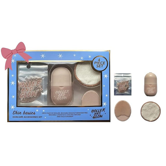 Holler & Glow Skin Basics Skincare Accessories, Limited Edition, Cooling Under Eye Masks, Puffiness Reducing Cryo Ice Roller, Reusable Makeup Remover Pad, Exfoliating Face Scrubber, 4 Piece Gift Set