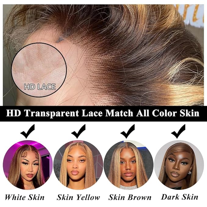 FABA Highlight Lace Front Wig Human Hair 32 Inch #4/27 Colored Lace Front Wig 13x4 HD Straight Human Hair 180% Density Ombre Brown with Human Hair Baby Hair