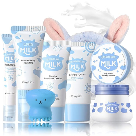 Skin Care Kit Milk Girls Gifts - Teen Skin Care Set - Skin Care Routine Kit for Women - with Hand Wax,Sunscreen,Face & Eye Cream,Exfoliating Scrub,Cleanser - Mother's Day Gifts (8PCS, Milk)