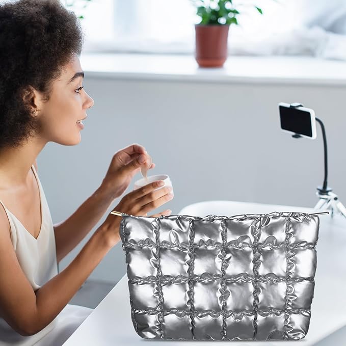 Hillban Puffy Quilted Makeup Bag Quilted Cosmetic Bag Cute Puffer Toiletry Checkered Pouch Aesthetic Travel Makeup Brushes Organizer(Silver,Classic)