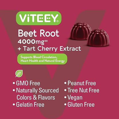Beet Root Gummies 4000mg with Tart Cherry - for Healthy Blood Pressure Support - Vegan, Gelatin Free, Gluten Free - Tasty Chewable Berry Beet Flavored Gummy