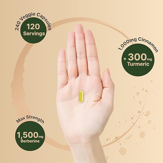 Berberine Supplement 1500mg, 240 Veggie Capsules | Plus 1000mg True Ceylon Cinnamon & 300mg Turmeric Root – 97% Berberine HCL – Plant-Based, Vegan, Non-GMO
