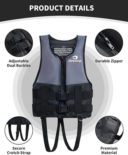 Owntop Kids and Adult Swim Jackets 50 to 125 lbs Dual Buckles, Zipper and Crotch Strap Ski Vest Lightweight PFD Perfect for Kayaking, Fishing, Paddle Board