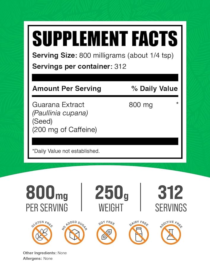 BulkSupplements.com Guarana Extract Powder - Natural Caffeine Supplement, from Guarana Seed, Guarana Powder - Gluten Free, 800mg per Serving, 250g (8.8 oz) (Pack of 1)