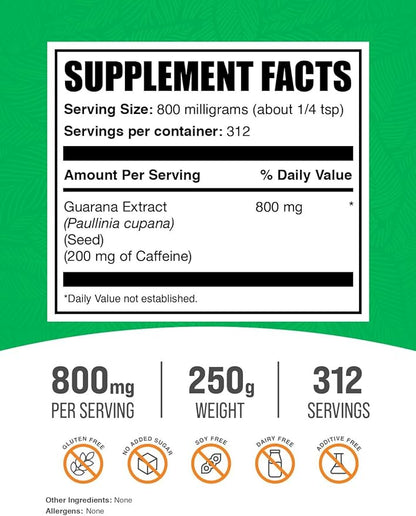 BulkSupplements.com Guarana Extract Powder - Natural Caffeine Supplement, from Guarana Seed, Guarana Powder - Gluten Free, 800mg per Serving, 250g (8.8 oz) (Pack of 1)
