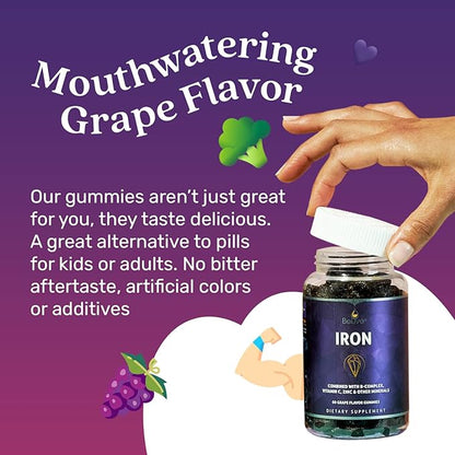BeLive Iron Gummies - Multivitamin Iron Supplement with Vitamin C, A, B & Zinc, Supports Blood Oxygen, Vegan Iron Supplements for Women, Men & Kids for Growth and Development - Grape Flavor | 3-Pack