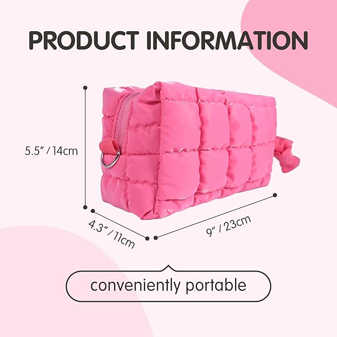 Quilted Makeup Bag, Puffy Cosmetic Organizer, Travel Toiletry Bag, Hot Pink Puffer Makeup Pouch