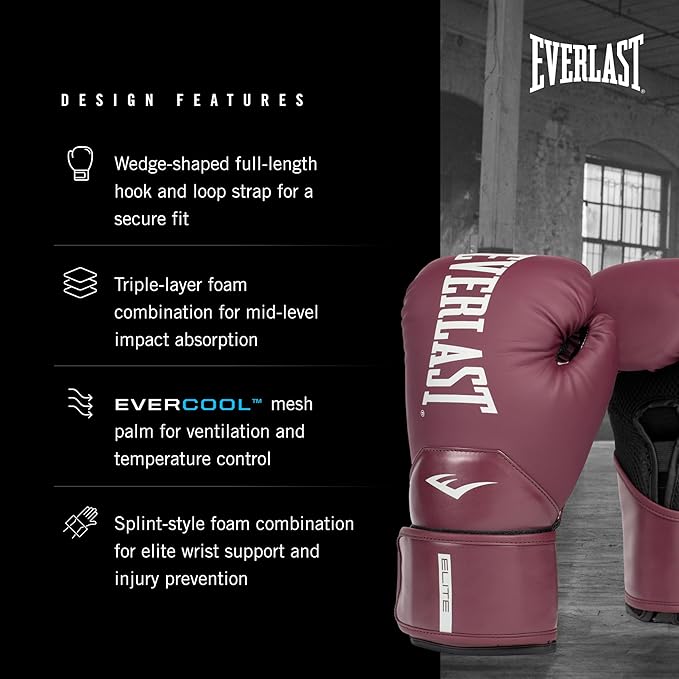 Everlast Elite 2 Boxing Gloves, Pro Training Gloves for Men and Women, Secure Fit Hook and Loop Closure & Ventilation, Heavy Bag & Speedbag Training.