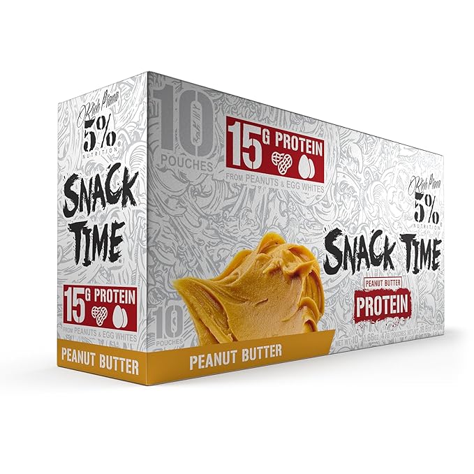 Rich Piana 5% Nutrition Snack Time | Squeezable Protein Shots | High Protein Snack Pouches | Convenient, Real Food Protein from Peanuts & Egg Whites | 10-Count (Peanut Butter)