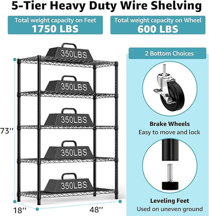 Steel Storage Shelving 5-Tier Utility Shelving Unit with Wheels, Steel Organizer Wire Rack for Home,Kitchen,Office,Garage, 1750 LBS Capacity 17.7" D x 47.2" W x 76.7" H