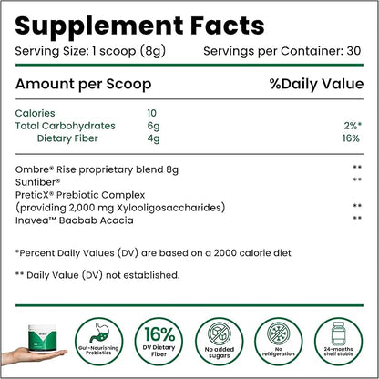 Ombre Rise Prebiotic Powder Fiber Supplement, Supports Digestive Regularity and Overall Wellness, Water Soluble, Fast-Absorbing, & Gentle on Stomach, Shelf-Stable, 8.5-Ounce Tub, 30 Servings
