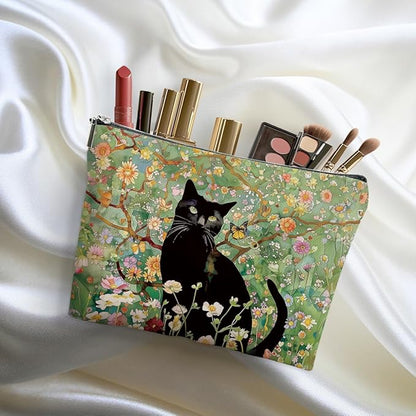 Floral Cat Makeup Bag Cat Gifts Cosmetic Bag Cat Lover Gifts for Women Girls Friend Daughter Cat Themed Gifts Cat Stuff Travel Organizer Zipper Pouch Graduation Birthday Friendship Gifts