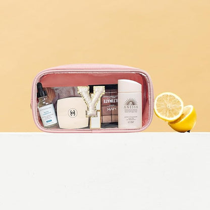 LETGO Initial Make Up Bag Travel Toiletry Organizer - Clear Cosmetic Bag - Pink Gift for Women, Teen, Girlfriend, Teacher, Mom, Birthday (Pink)