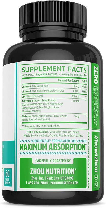 Zhou DIM Active | Menopause & Estrogen Metabolism Supplement with 250mg DIM Plus Broccoli Seed Extract & Bioperine | for Women & Men | 60 Capsules