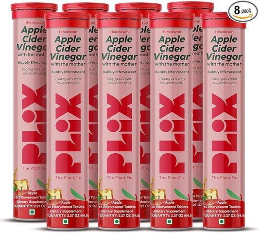 PLIX THE PLANT FIX Apple Cider Vinegar Effervescent Tablets with The Mother, 700mg ACV with VIT B12, B6, Pack of 8 |Vegan, No Added Sugar, Non-GMO & Gluten-Free