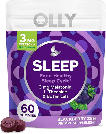 OLLY Sleep Gummy, 3 mg Melatonin, L-Theanine, Chamomile, and Lemon Balm Extracts, Blackberry Flavor, 30 Day Supply - 60 Count (Packaging May Vary)