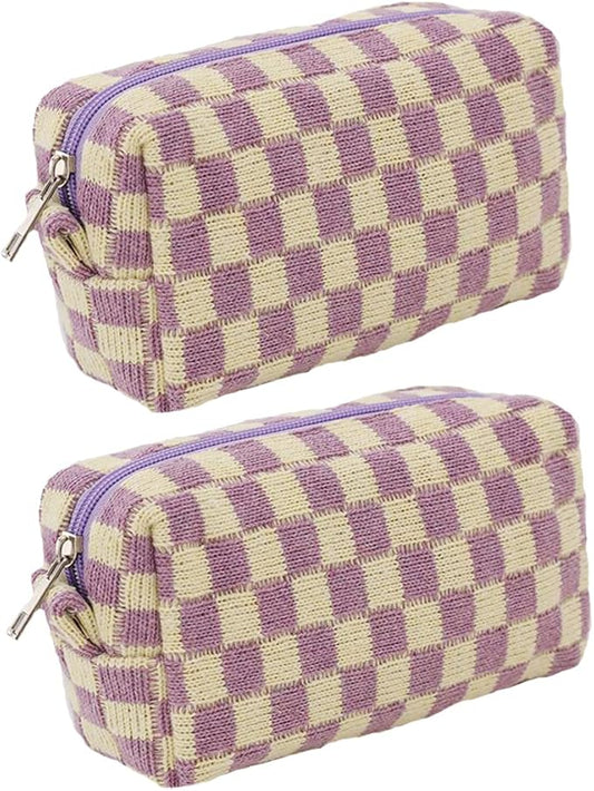 SxoSyo 2 Pcs Cosmetic Bags for Women Makeup Bag Purse Travel Toiletry Zipper Storage Pouch Make up Brushes Organizer for Gifts (Checkered, Purple 2)