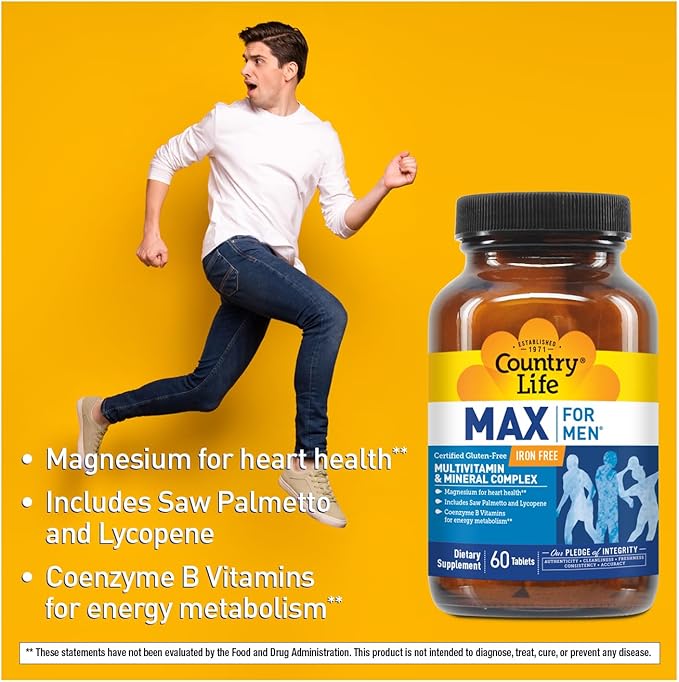 Country Life Max for Men, Multivitamin & Mineral Complex, Iron-Free, Vegetarian Tablets, 60 Count, Certified Gluten Free, Certified Vegetarian