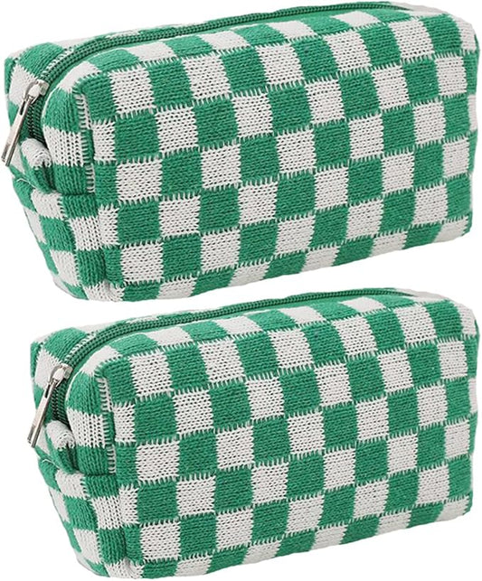 SxoSyo 2 Pcs Cosmetic Bags for Women Makeup Bag Purse Travel Toiletry Zipper Storage Pouch Make up Brushes Organizer for Gifts (Checkered, Green 2)