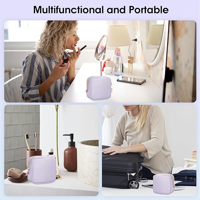 Wandering Nature Small Makeup Bag for Purse Mini Make up Pouch Cute Cosmetic Pouch for Women with Slip-in Pockets Matte Leather, Purple