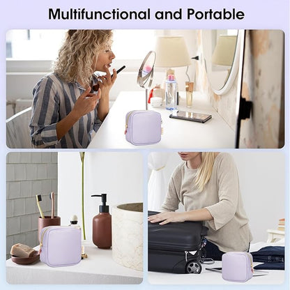 Wandering Nature Small Makeup Bag for Purse Mini Make up Pouch Cute Cosmetic Pouch for Women with Slip-in Pockets Matte Leather, Purple