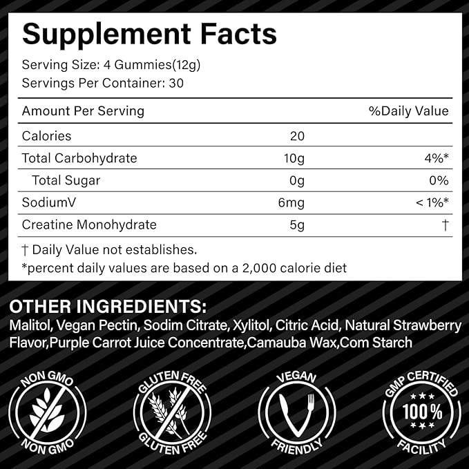 Creatine Gummies for Men & Women - 120 Count, 5000mg Creatine Monohydrate, Boosts Strength, Mass, Endurance & Focus, Muscle Builder & Pre-Workout Supplement