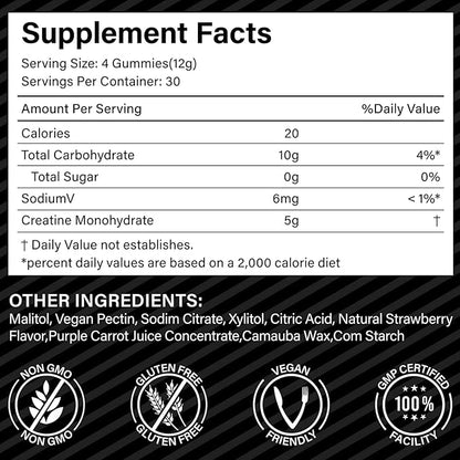 Creatine Gummies for Men & Women - 120 Count, 5000mg Creatine Monohydrate, Boosts Strength, Mass, Endurance & Focus, Muscle Builder & Pre-Workout Supplement