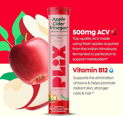 PLIX THE PLANT FIX Apple Cider Vinegar Effervescent Tablets with The Mother, 700mg ACV with VIT B12, B6, Pack of 12 |Vegan, No Added Sugar, Non-GMO & Gluten-Free