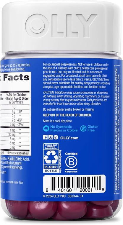 OLLY Kids Sleep Gummies, 0.5mg Melatonin, L Theanine, Chamomile, and Lemon Balm, Fall Asleep Faster, Raspberry - 70 Count