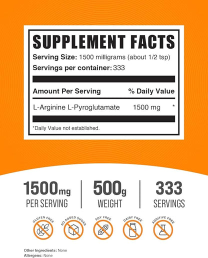 BulkSupplements.com L-Arginine L-Pyroglutamate Powder - Arginine Supplement, Nitric Oxide Supplement, Arginine Powder - Gluten Free, 1500mg per Serving, 500g (1.1 lbs) (Pack of 1)
