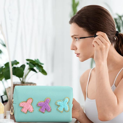 Sanwuta 4 Pcs Hair Face Skin Travel Bag Set Preppy Makeup Pouch PU Leather Skincare Bag Waterproof Cosmetic Organizer Birthday Christmas Gifts (Blue,Green,Blue Green,White,Fresh Style)