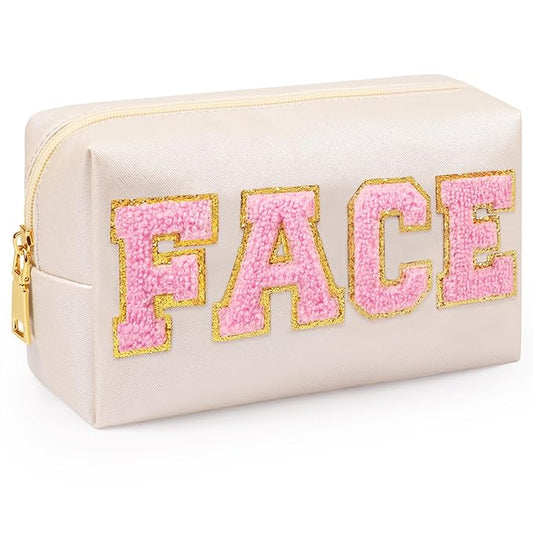 Preppy Makeup Bag, Synthetic Leather Patch Cosmetic Bag with FACE Chenille Letter for Skin Care, Gift for Girlfriend or Wife, Present for Girls, Daughter, Sister and Mother(Beige)
