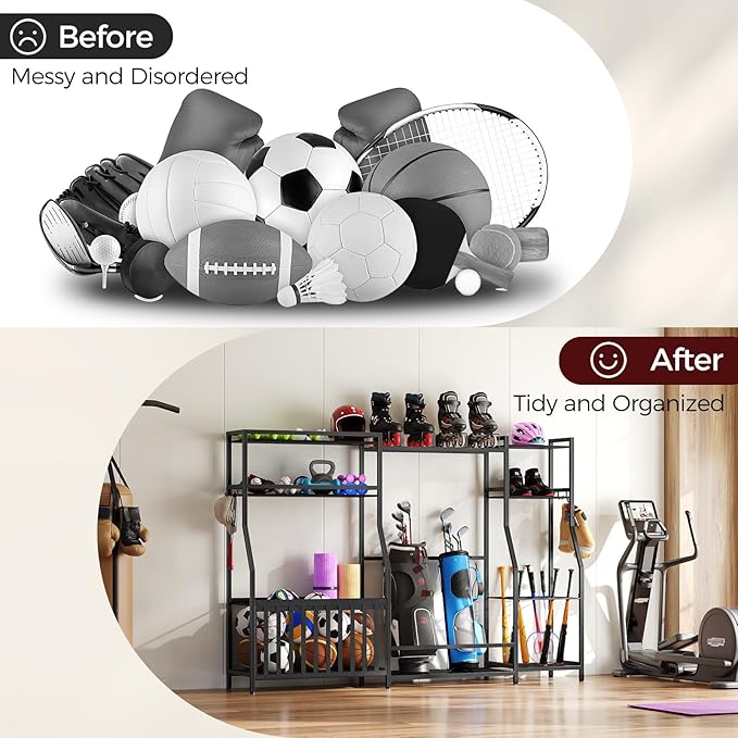Sports Equipment Storage for Garage, Large Size Garage Storage,78.3" Ball Storage Rack, Sports Equipment Organizer with Hooks, Ball Holder for Football, Basketball, Black BEHB17201