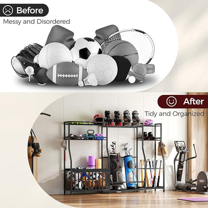 Sports Equipment Storage for Garage, Large Size Garage Storage,78.3" Ball Storage Rack, Sports Equipment Organizer with Hooks, Ball Holder for Football, Basketball, Black BEHB17201