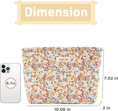 Floral Makeup Bag Large Cotton Quilted Cosmetic Makeup Bag Organizer, Aesthetic Portable Pouch Purse Toiletry Bag for Women Girls Travel accessories (Red Floral-L)