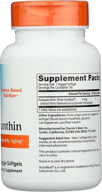 Doctor's Best Astaxanthin, Powerful Antioxidant, Skin, Eye Health, Non-GMO, Gluten Free, Vegan, Soy Free, 6 mg, 90VSG