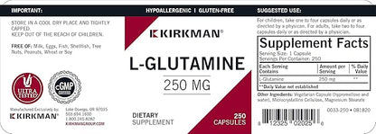 L-Glutamine 250 mg - Hypoallergenic | 250 Vegetarian Capsules | Amino Acid | Gluten and Casein Free