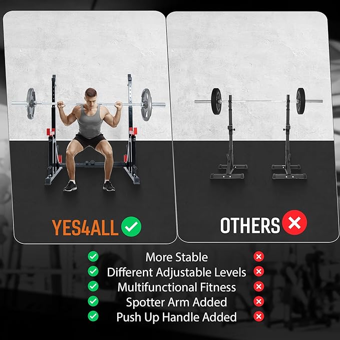 Yes4All Squat Rack for Home Gym, Adjustable Barbell Stand Rack, Multi-Function Weight Lifting, Dip Bar Station, Bench Press Rack Stand, Weight Plate Storage - Capacity Up to 600LBS