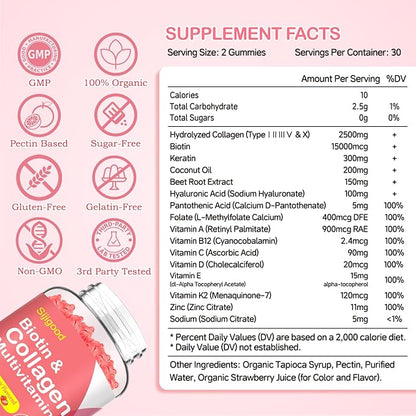 2 Pack Collagen Gummies for Women Men, 2500mg Protein Type I,II,III,V,X with 15000mcg Biotin, Keratin, Vitamin C A B6 B12 D E for Skin Hair Nails & Joints, Immunity Energy Digestion