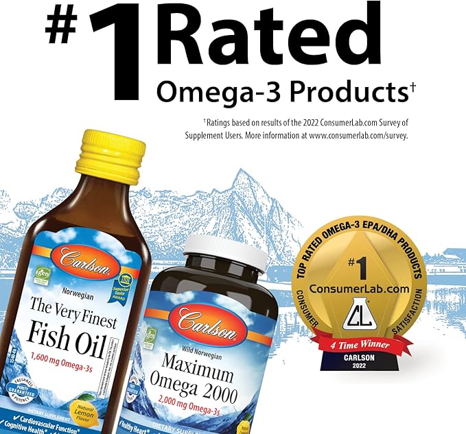 Carlson - Cod Liver Oil, 1100 mg Omega-3s, Plus Vitamins A and D3, Wild Caught Norwegian Arctic Cod Liver Oil, Sustainably Sourced Nordic Fish Oil Liquid, Unflavored, 250 mL (8.4 Fl Oz)